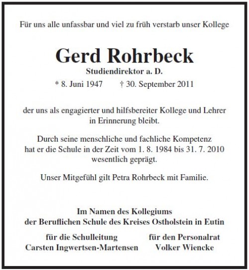 Gerd Rohrbeck, Studiendirektor a.D., 08.06.1947 - 30.09.2011